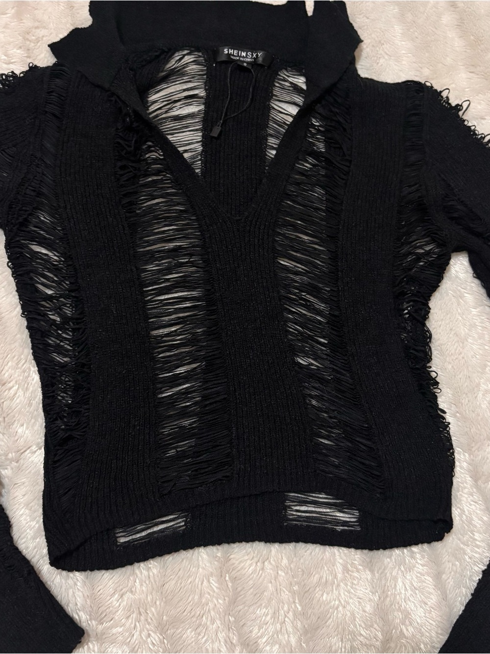 Black Distressed V-Neck Knit Sweater